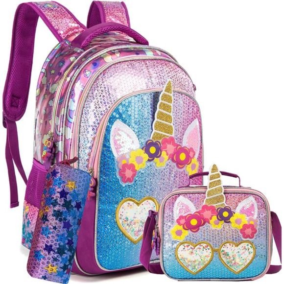 Girls Backpack Sequin with Lunch Box, Flower Unicorn Bag Set, 16"